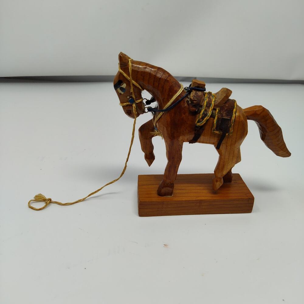 Wood Hand Carved Horse With Saddle Bridle Mexican? Signed?
